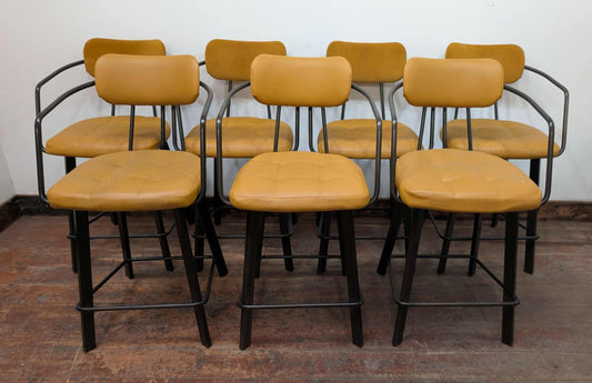 Set of 7 gold-yellow faux-leather counter stools for cafe / pub / restaurant