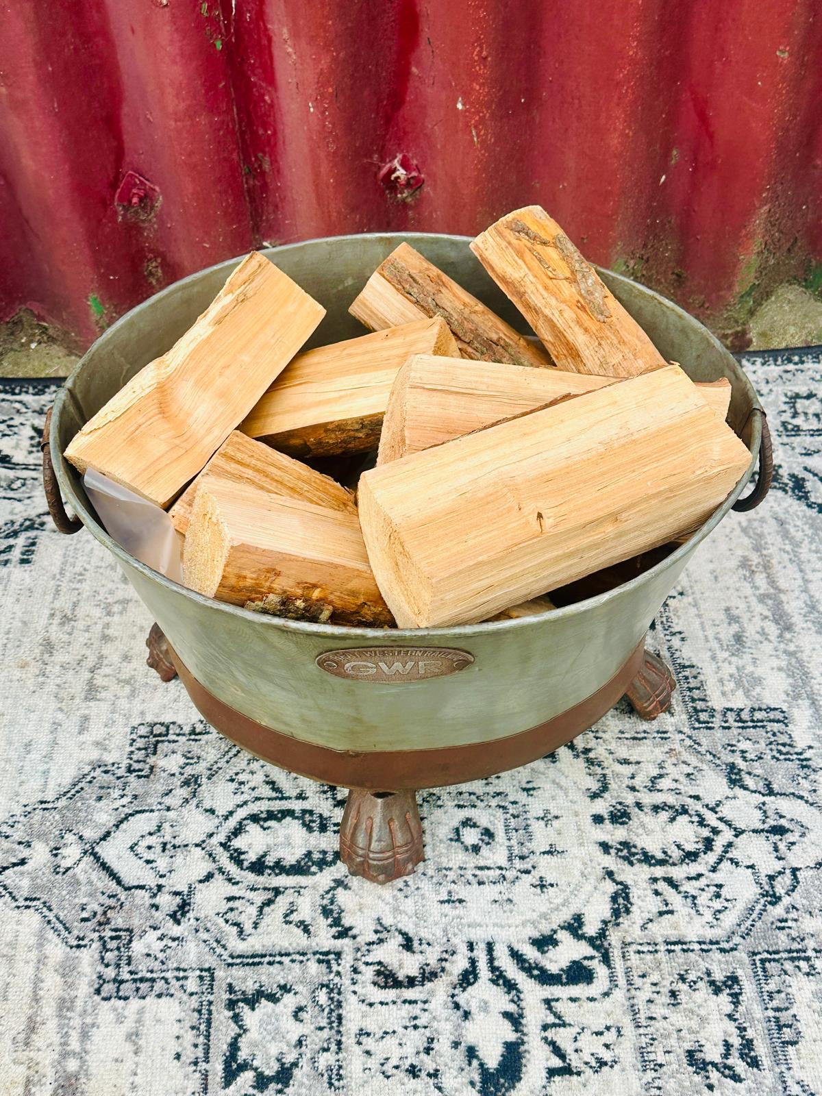 Small GWR Style Metal Log Basket Firewood Holder Rustic Green & Brown Finish
