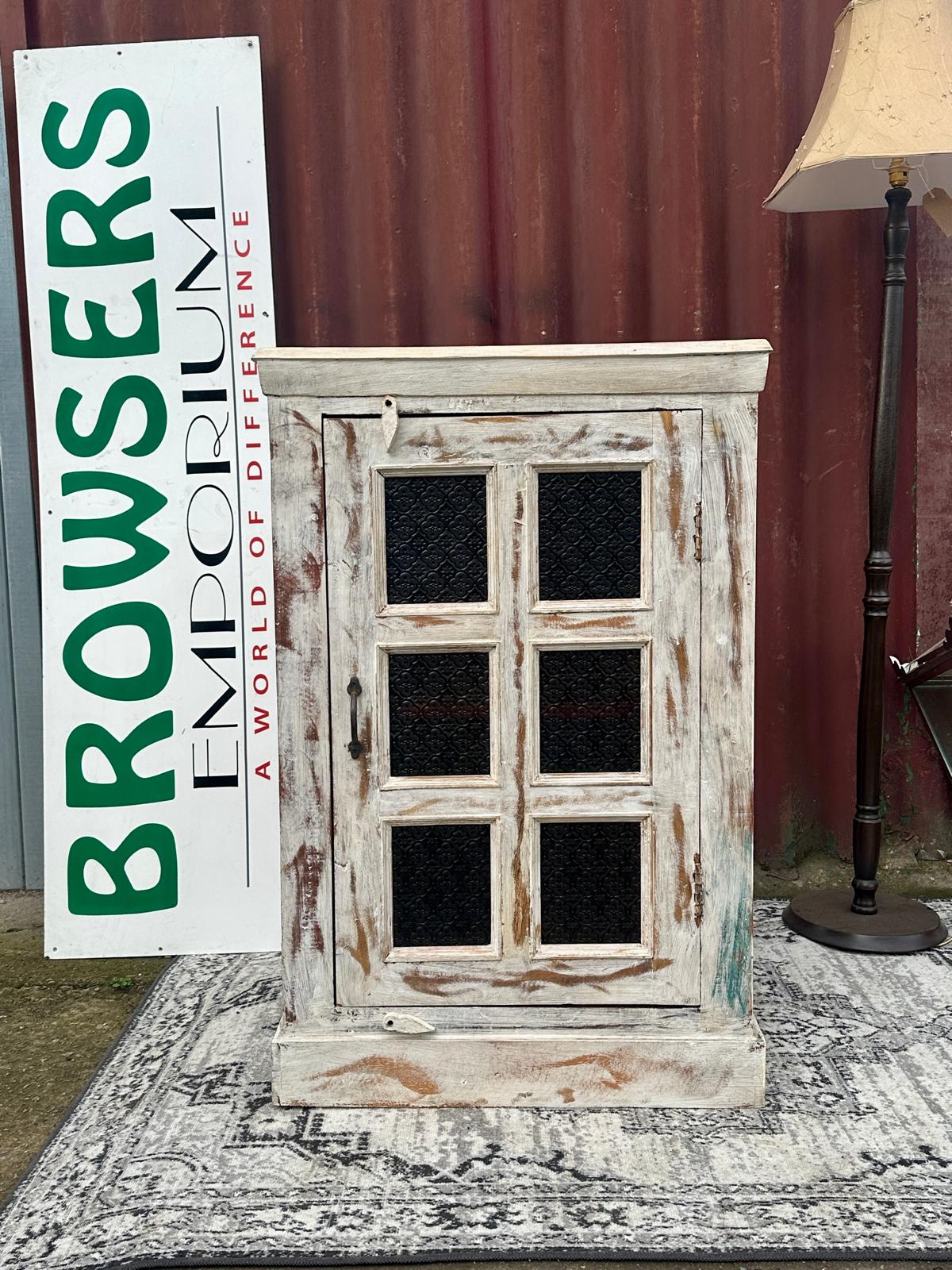 White Distressed Wooden Cabinet with Glass Panel Door Rustic Storage