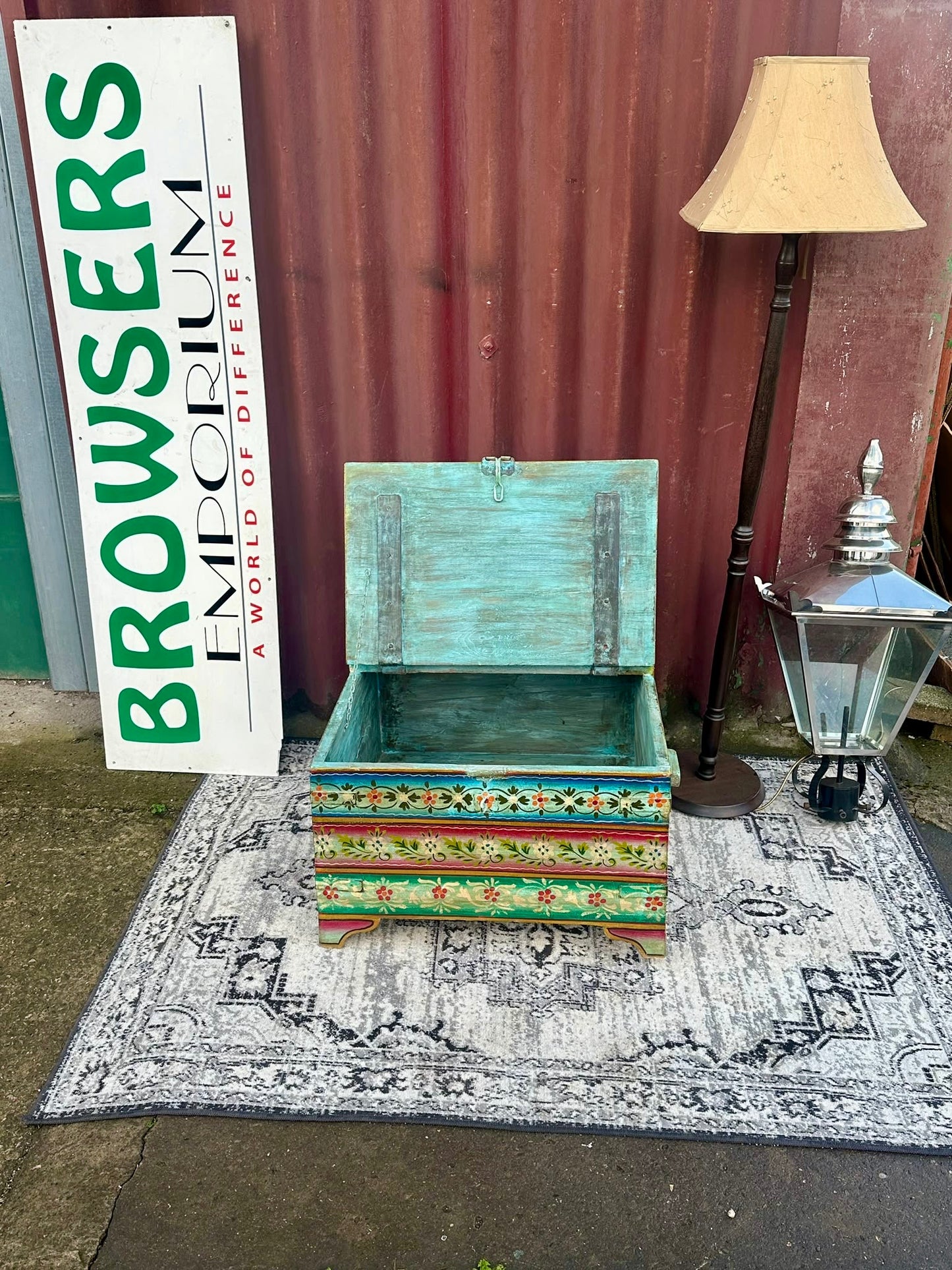 Colourful Painted Wooden Storage Chest Coffee Table with Side Handles