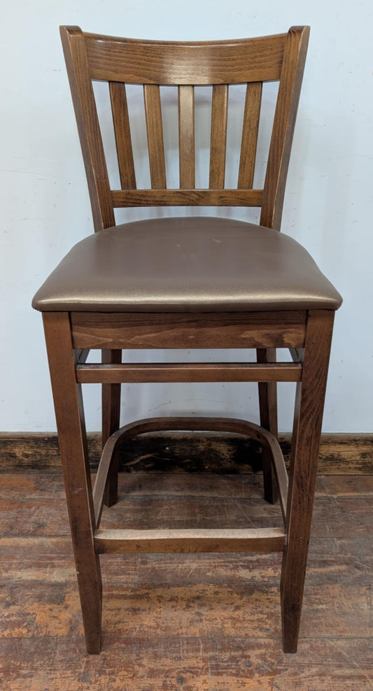 Single Bar Stool / Gold Faux Leather Seat / Medium Wood Finish