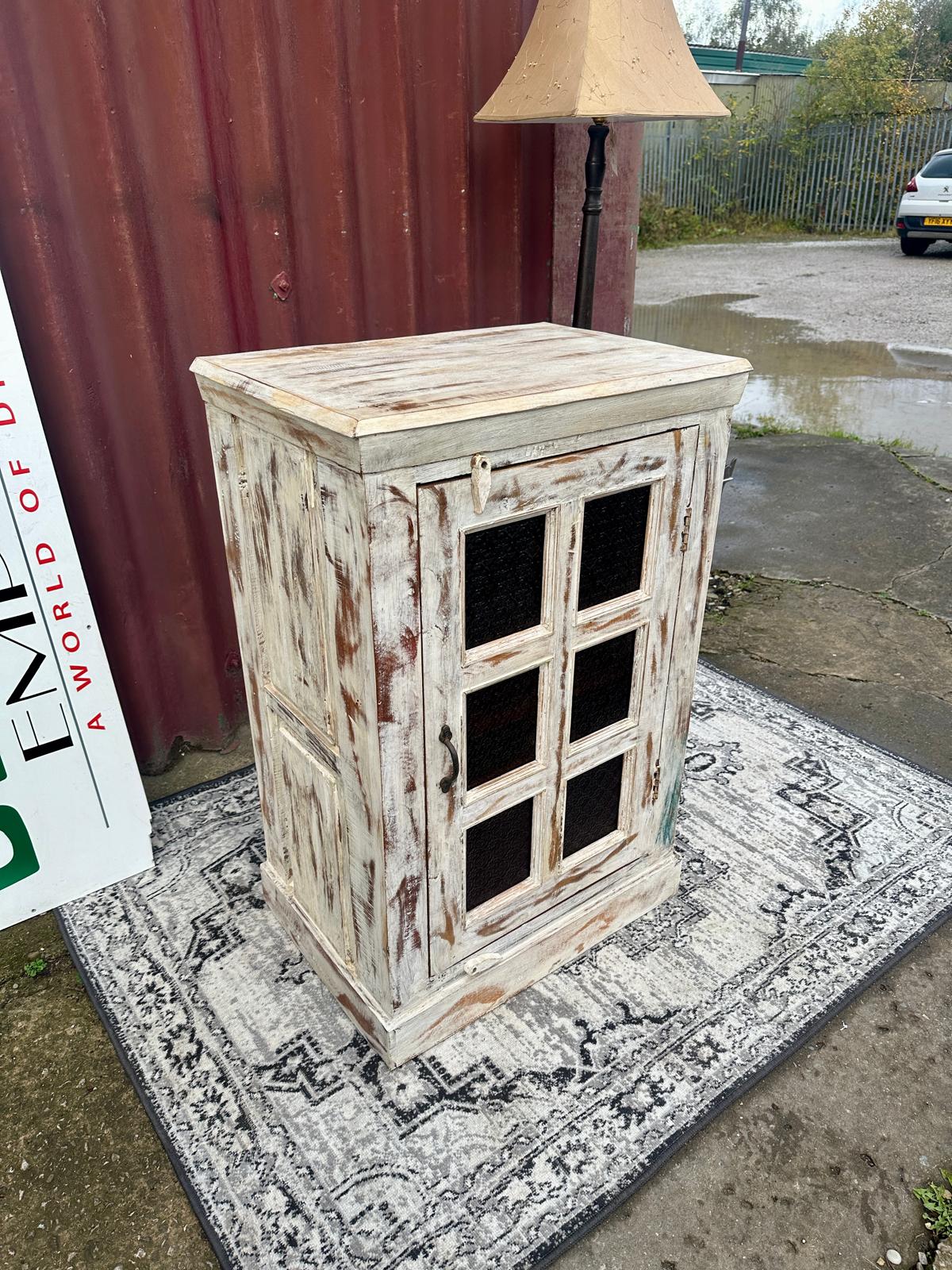 White Distressed Wooden Cabinet with Glass Panel Door Rustic Storage