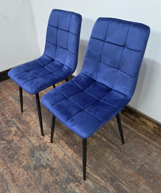 Pair of Blue Velveteen Dining Chairs with Black Metal Bases and Block Stitching