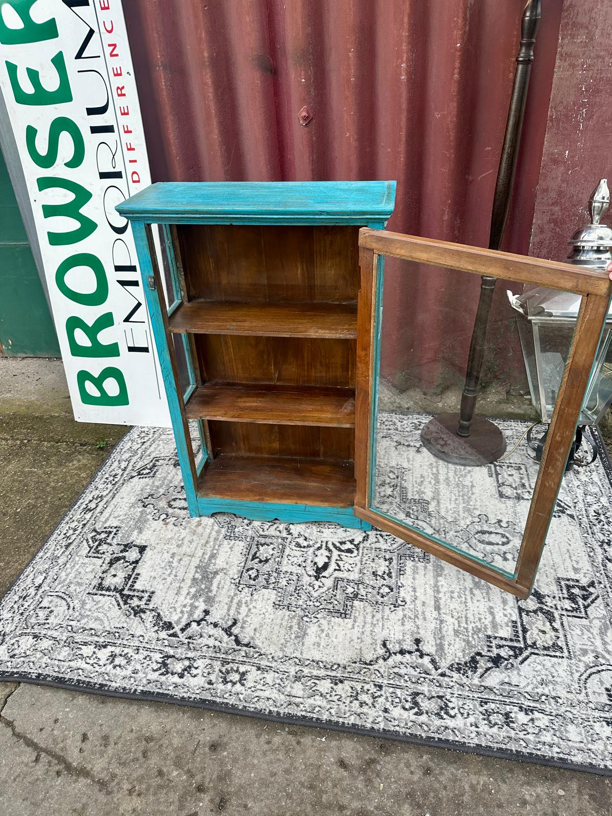 Turquoise Painted Glass Display Cabinet Wooden Shelves Rustic Boho Storage Unit