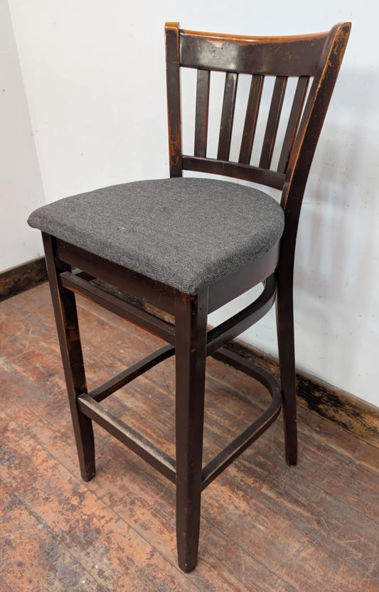 Single High Back Bar Stool / Dark Grey Fabric Seat / Dark Wood Frame