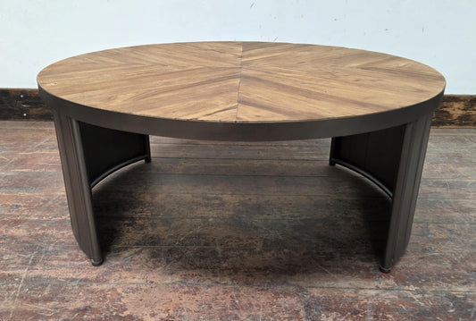 Circular Coffee Table with Wooden Top and Steel Frame