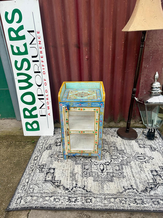 Colourful Painted Glass Display Cabinet Turquoise Blue Floral Storage Unit