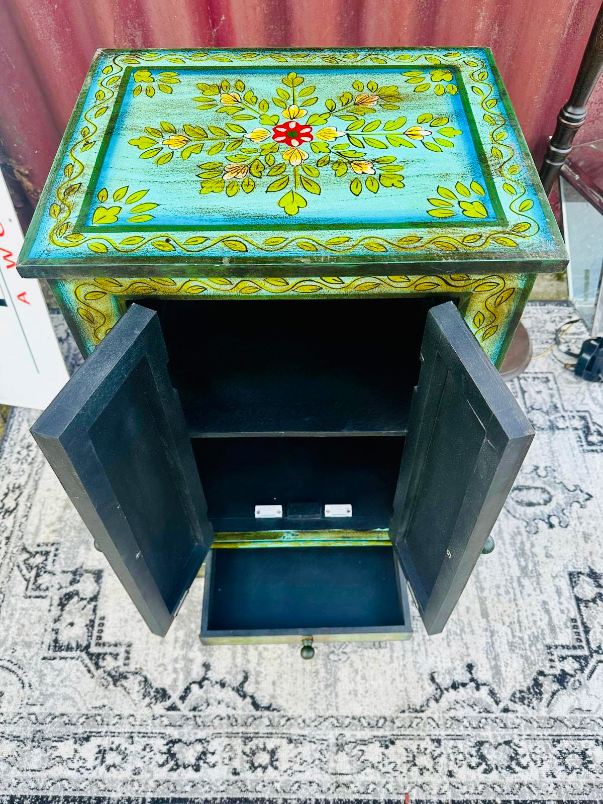 Hand Painted Floral Wooden Bedside Cabinet with Drawer and Double Doors