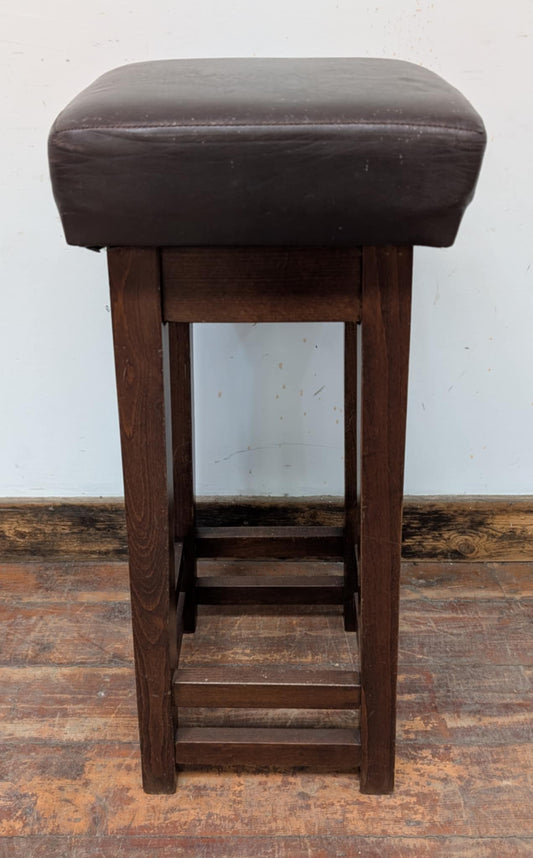 Single Square Bar Stool / Brown Faux Leather Seat / Medium Wood Frame
