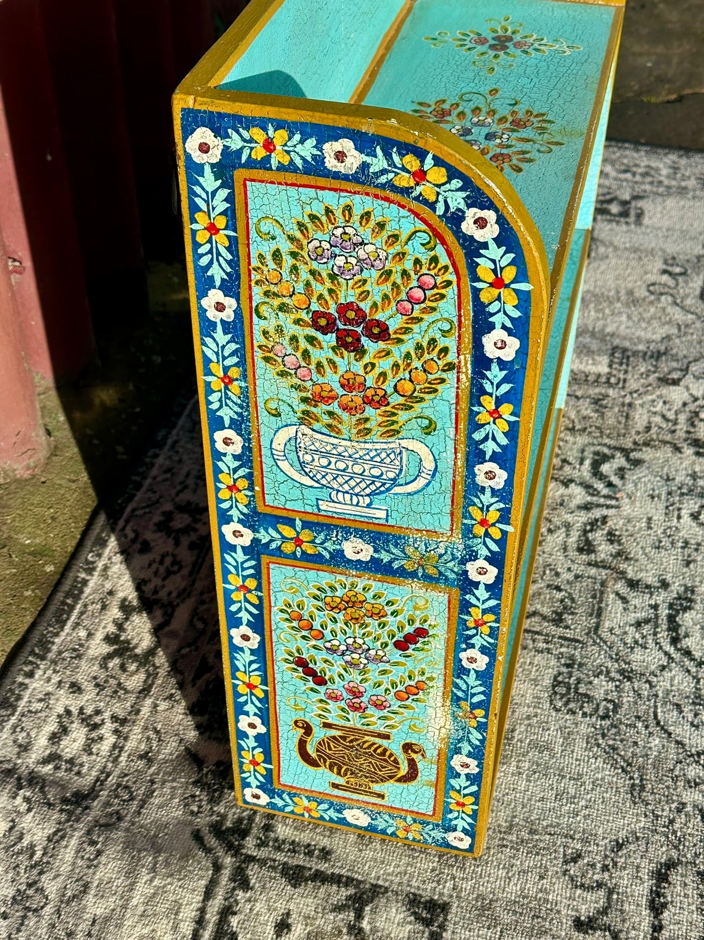 Turquoise Painted Wooden Display Shelf Unit Floral Boho Bookcase