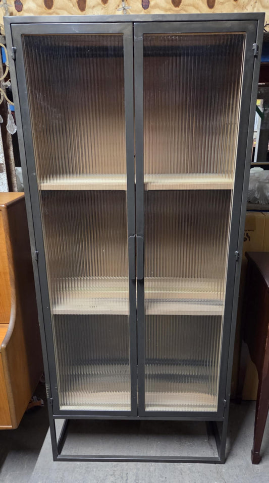 Tall Pantry Cabinet with Reeded Acrylic Doors and Multi-Tone Wood
