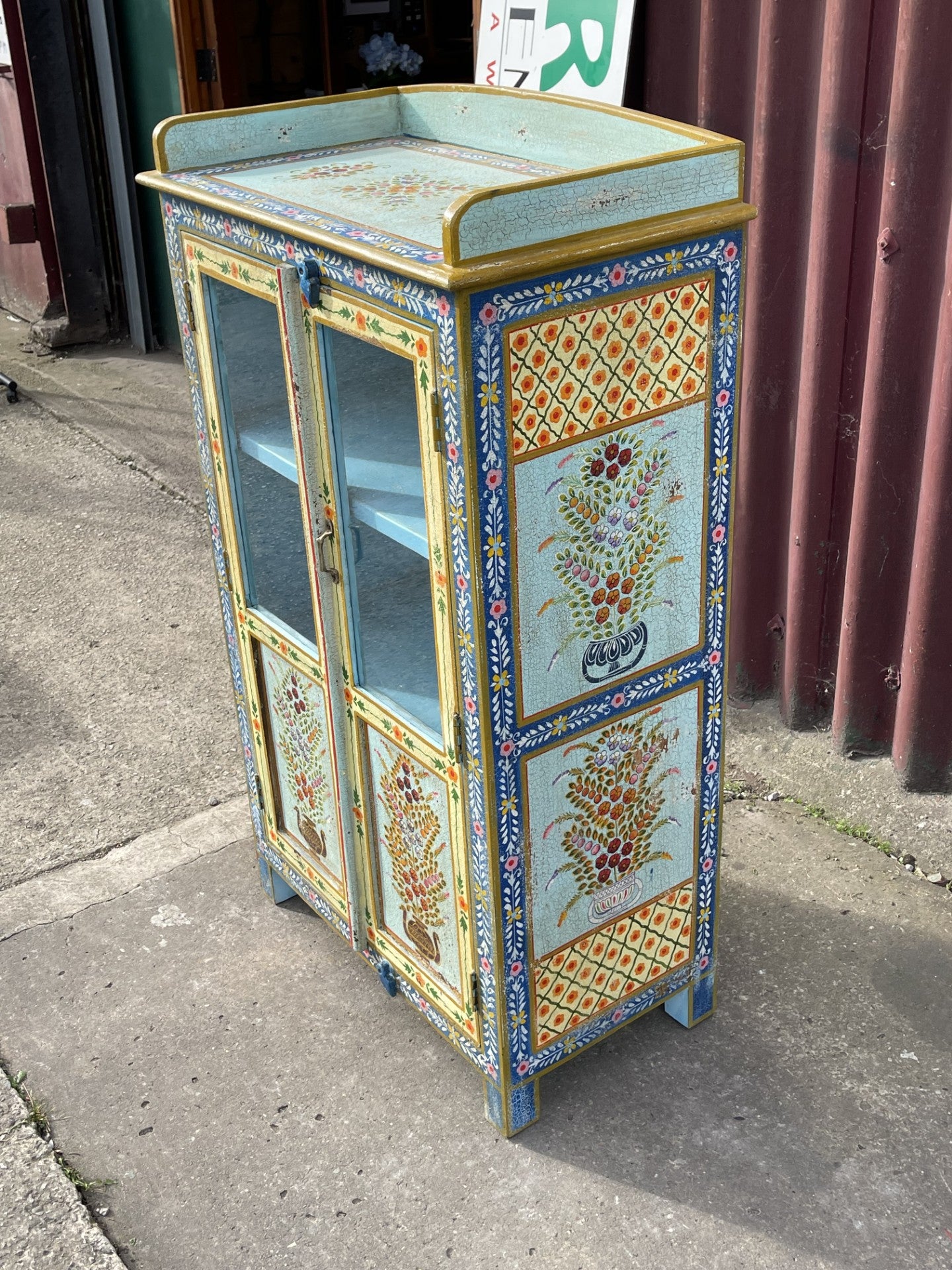 Hand Painted Indian Style Display Cabinet Glass Door Floral Decorative Storage