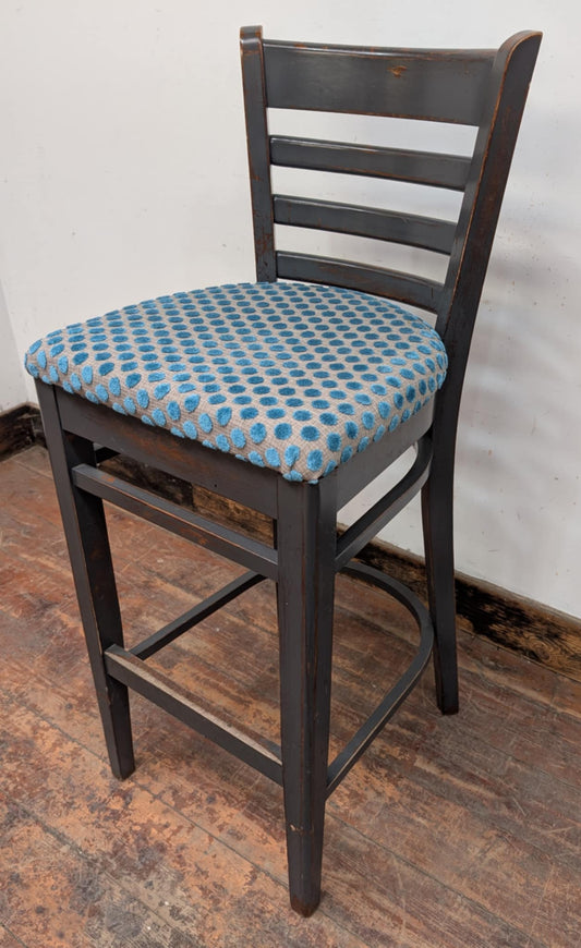 Single Bar Stool / Silver-Blue Spotted Fabric Seat / Grey Painted Frame