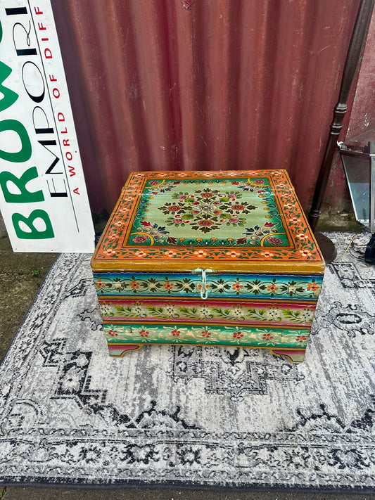 Colourful Painted Wooden Storage Chest Coffee Table with Side Handles