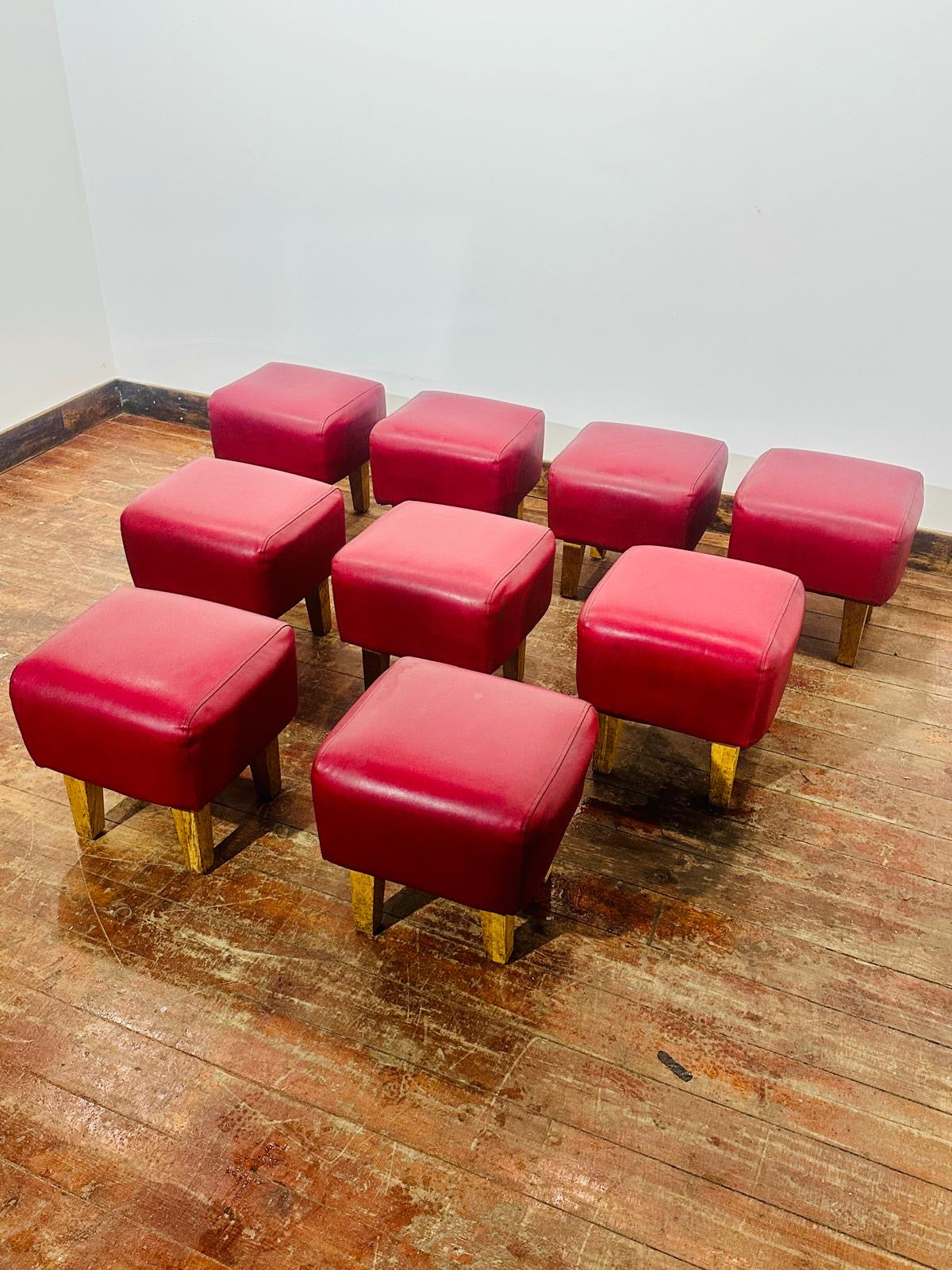 Set of 9 Red Leather Effect Low Pub Bar Stools Wooden Legs
