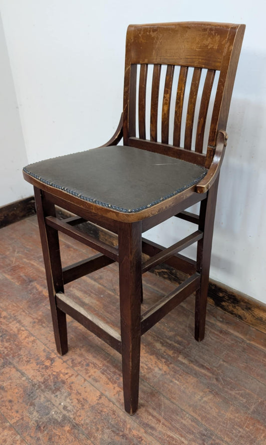 Single Straight-Back Bar Stool / Forest Green Leather Seat / Medium Wood Frame
