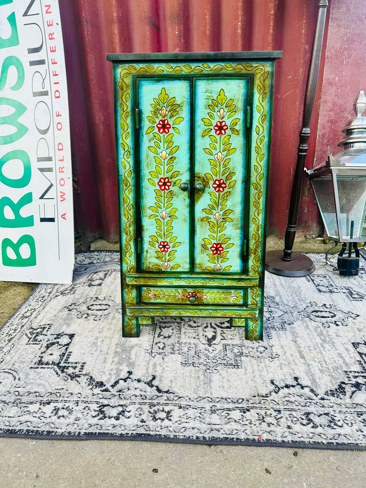 Hand Painted Floral Wooden Bedside Cabinet with Drawer and Double Doors