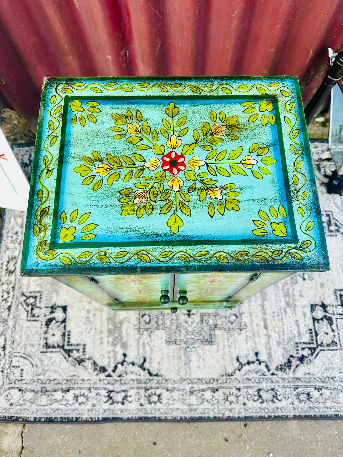 Hand Painted Floral Wooden Bedside Cabinet with Drawer and Double Doors