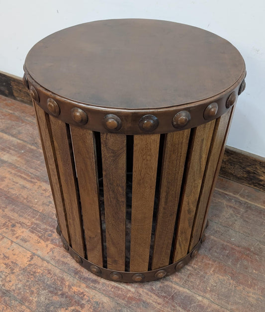Drum Shaped Side Table with Copper Top and Wooden Slats