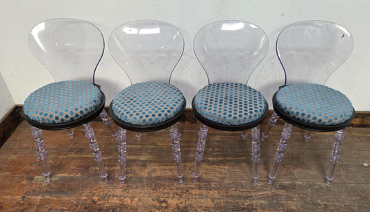 Set of Four Clear Plastic Spoonback Chairs with Blue Spotted Upholstered Seats