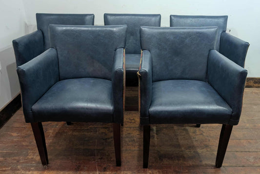 Set of 5 navy faux leather tub chairs / tartan fabric backs / pub seating