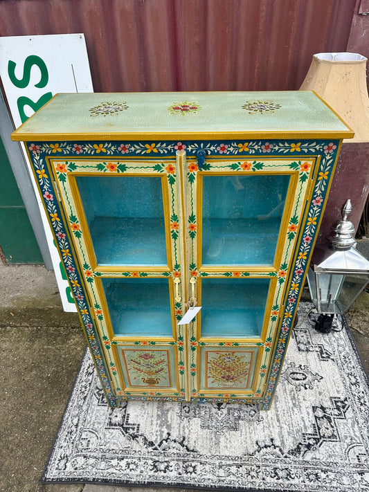Hand Painted Floral Glass Display Cabinet with Double Doors and Shelves