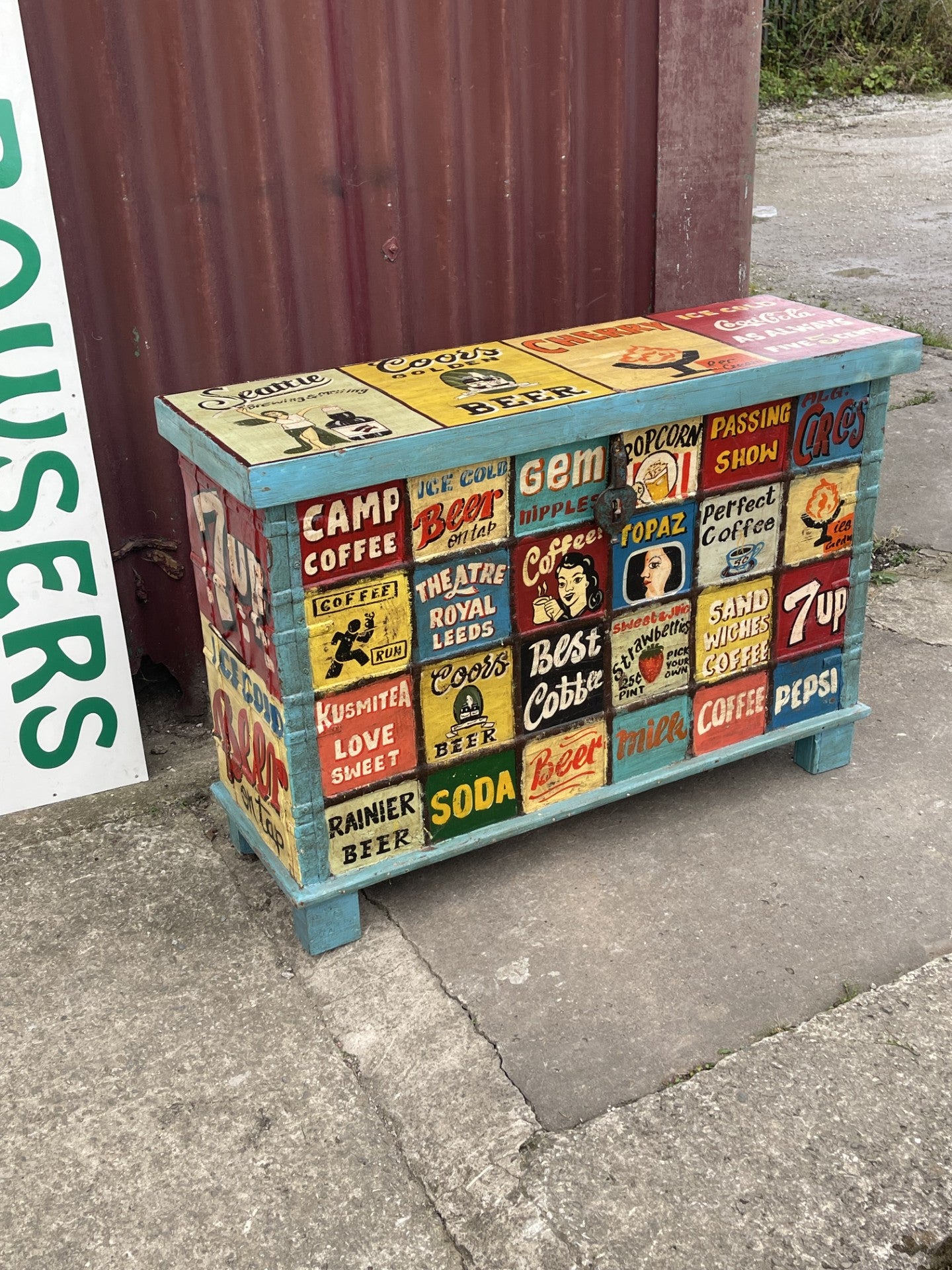 Share Hand Painted Sideboard Storage Trunk Chest Retro Bar Coffee Drinks Decorative