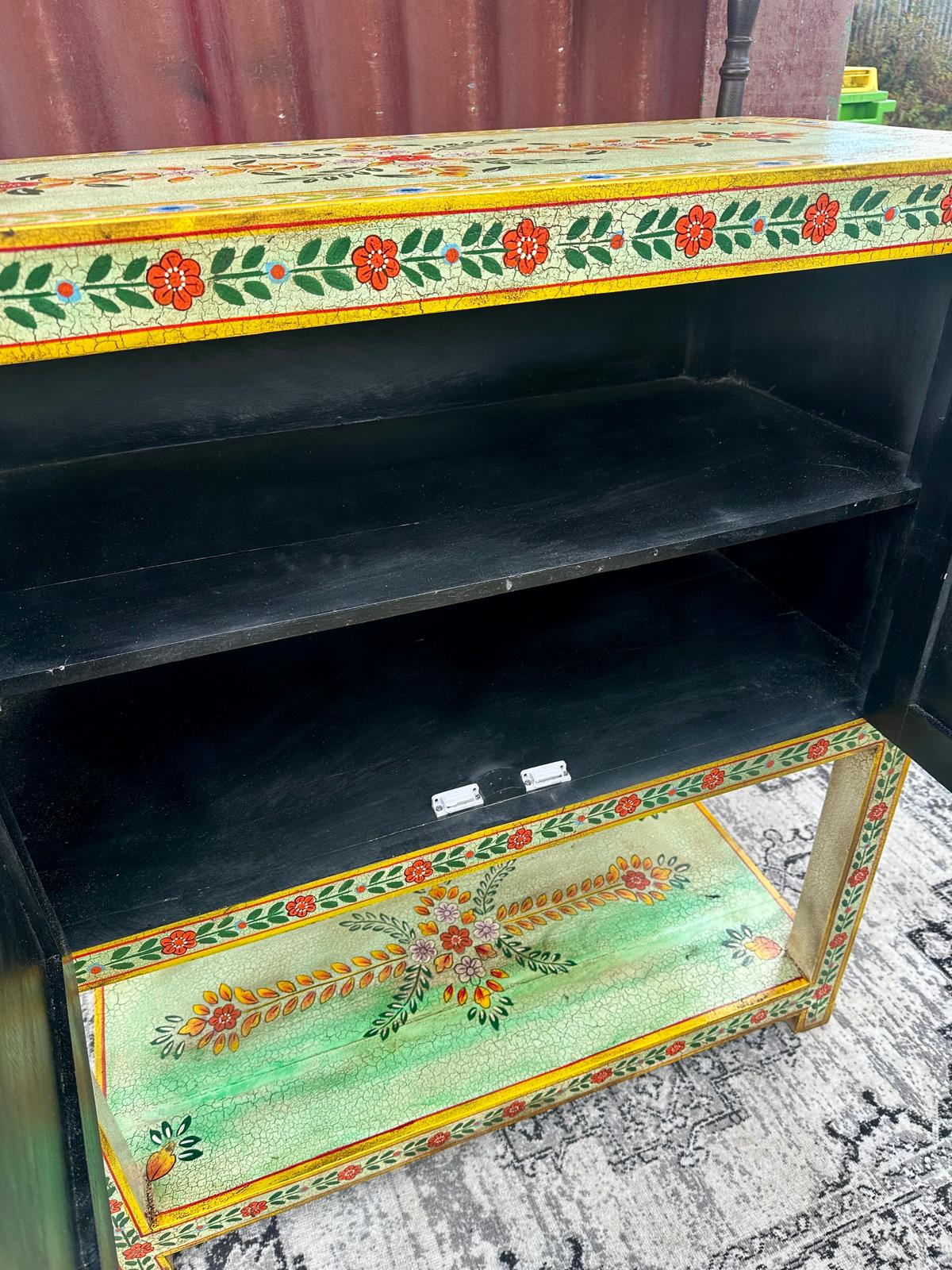 Hand Painted Floral Wooden Cabinet with Double Doors and Display Shelf