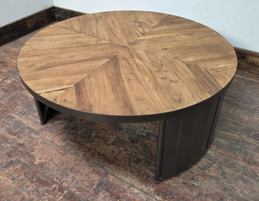 Circular Coffee Table with Wooden Top and Steel Frame