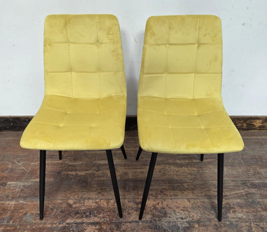 Pair of Yellow Velveteen Dining Chairs with Black Metal Bases and Block Stitching
