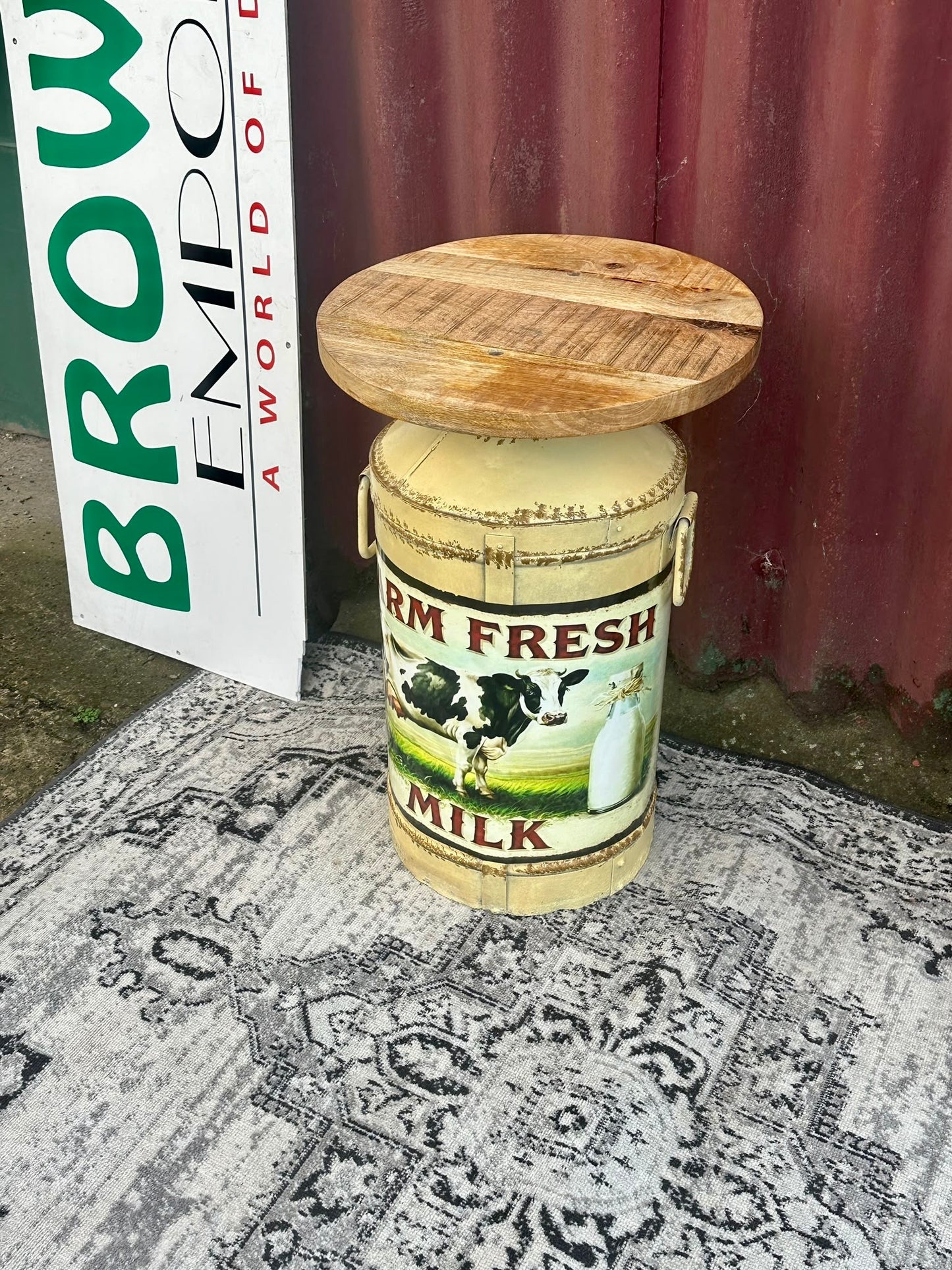 Farm Fresh Milk Decorative Side Table with Wooden Top Rustic Farmhouse Style