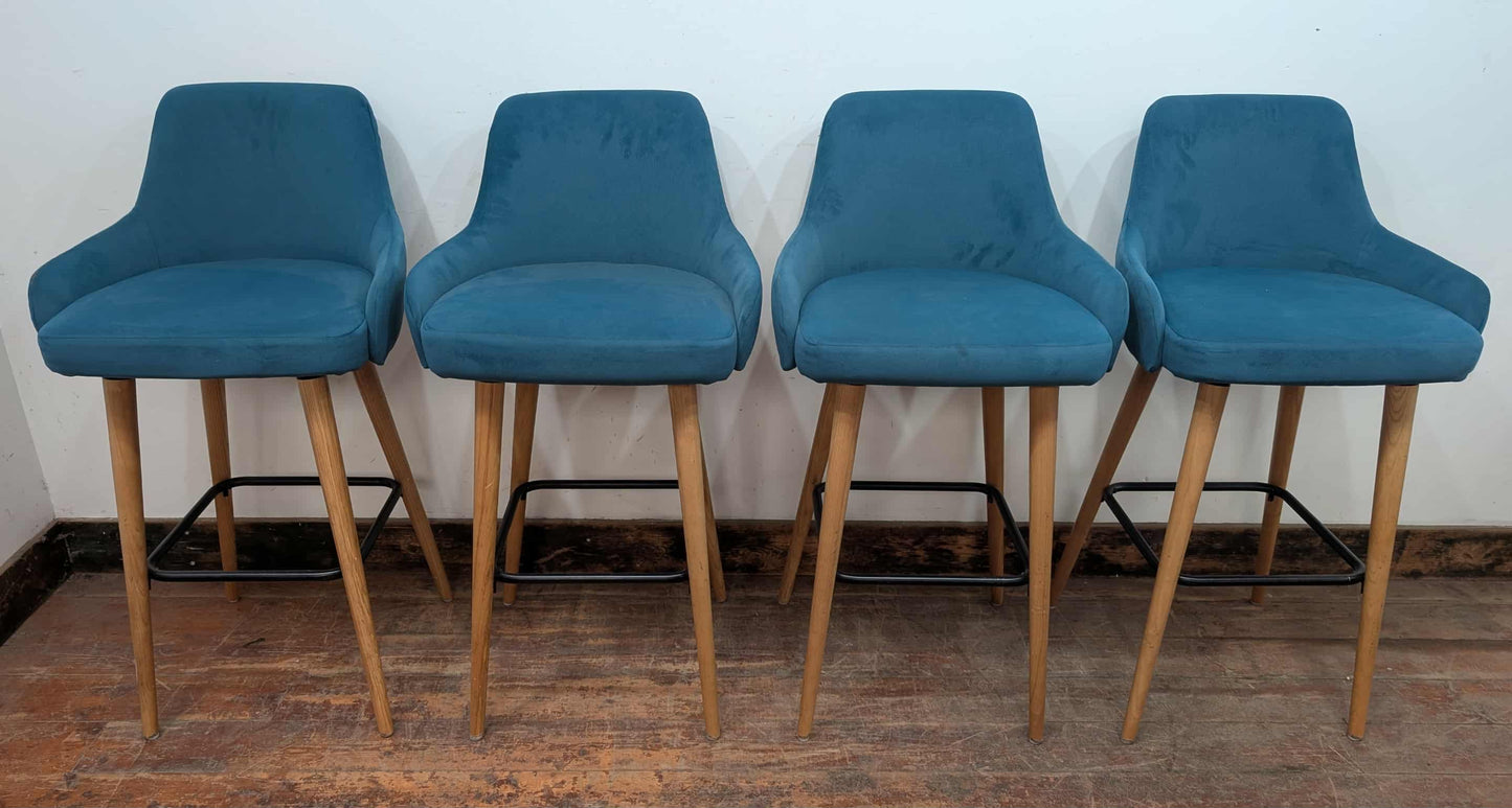 Set of 4 teal suede-like fabric bar stools for cafe / pub / restaurant