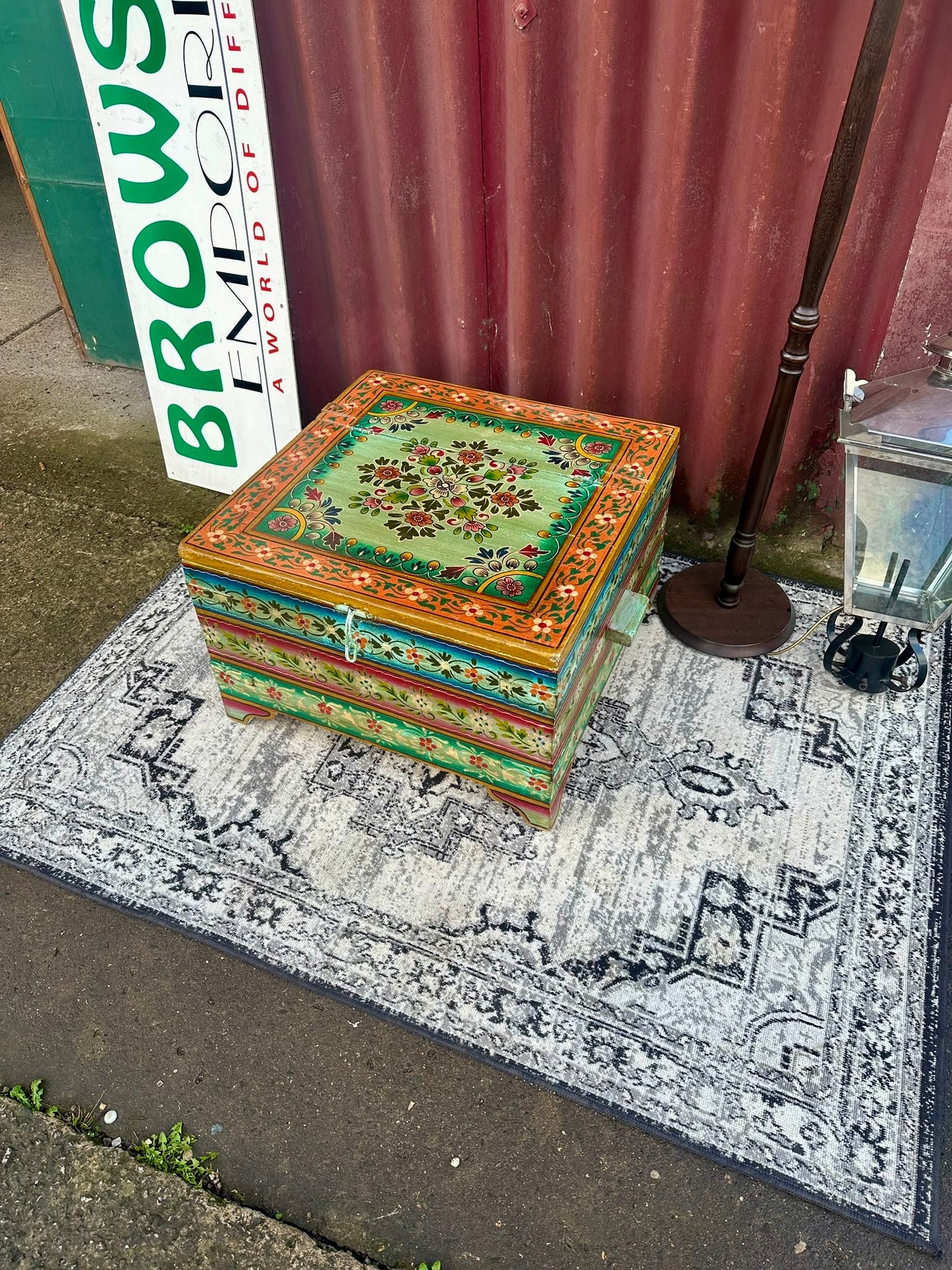 Colourful Painted Wooden Storage Chest Coffee Table with Side Handles