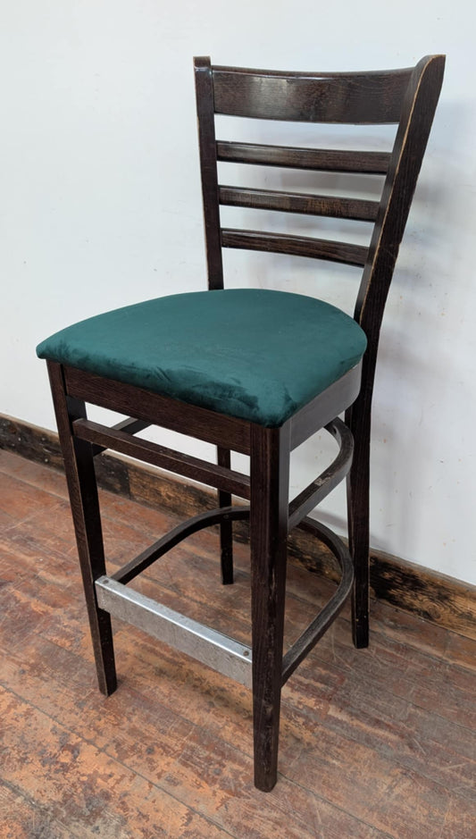 Single Bar Stool / Green Fabric Seat / Dark Wood Finish