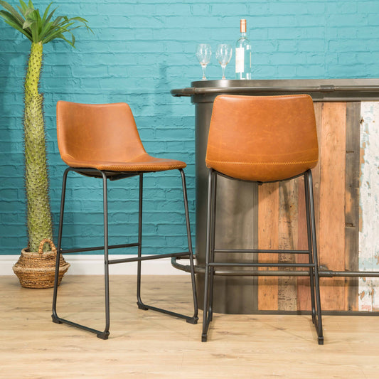 Pair of Tan Vegan Leather Bar Stools