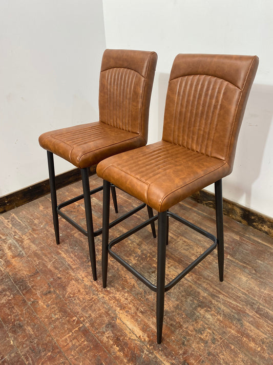 Pair of Lancier tan brown tall bar stools